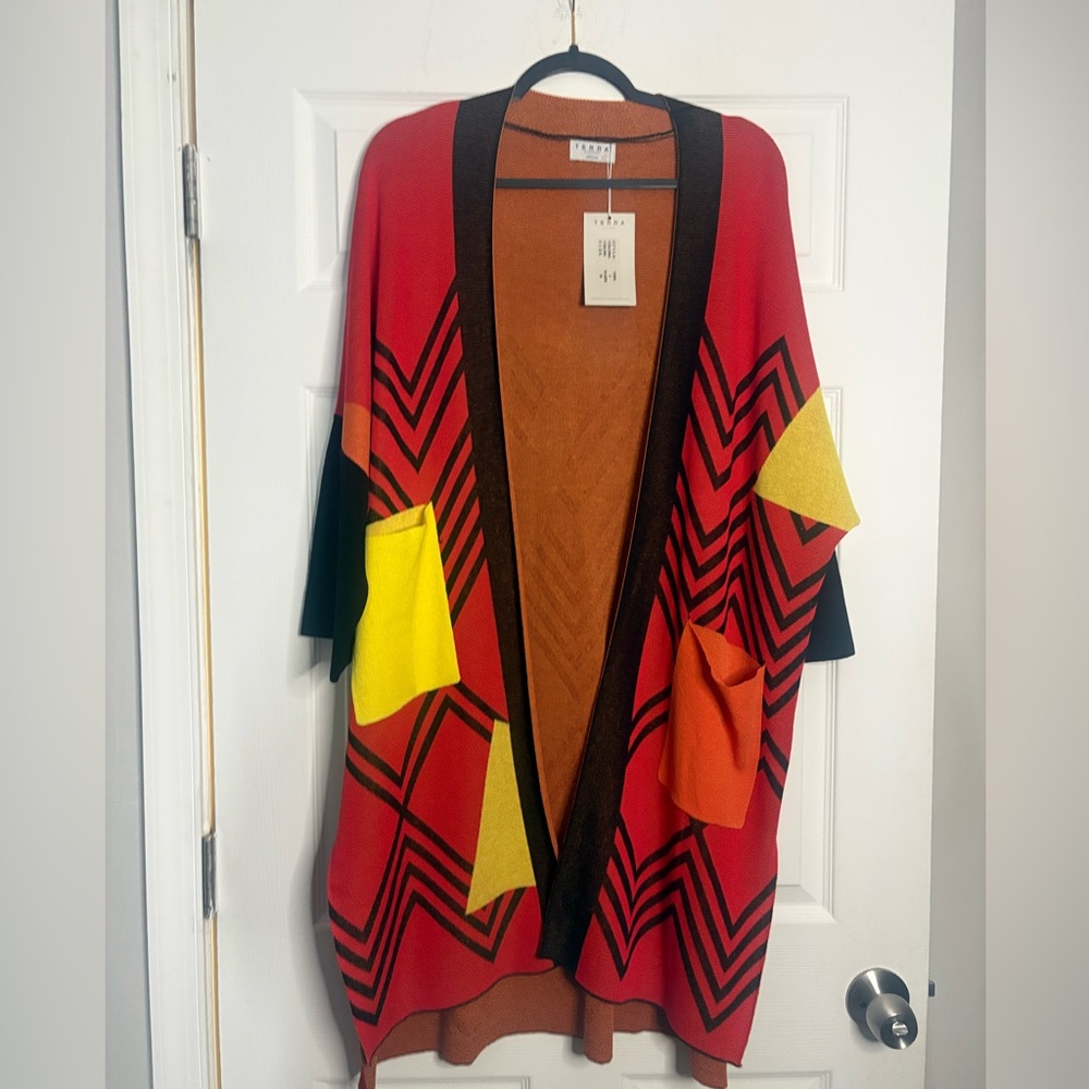 Issey Miyake Red and Yellow Geometric Cardigan